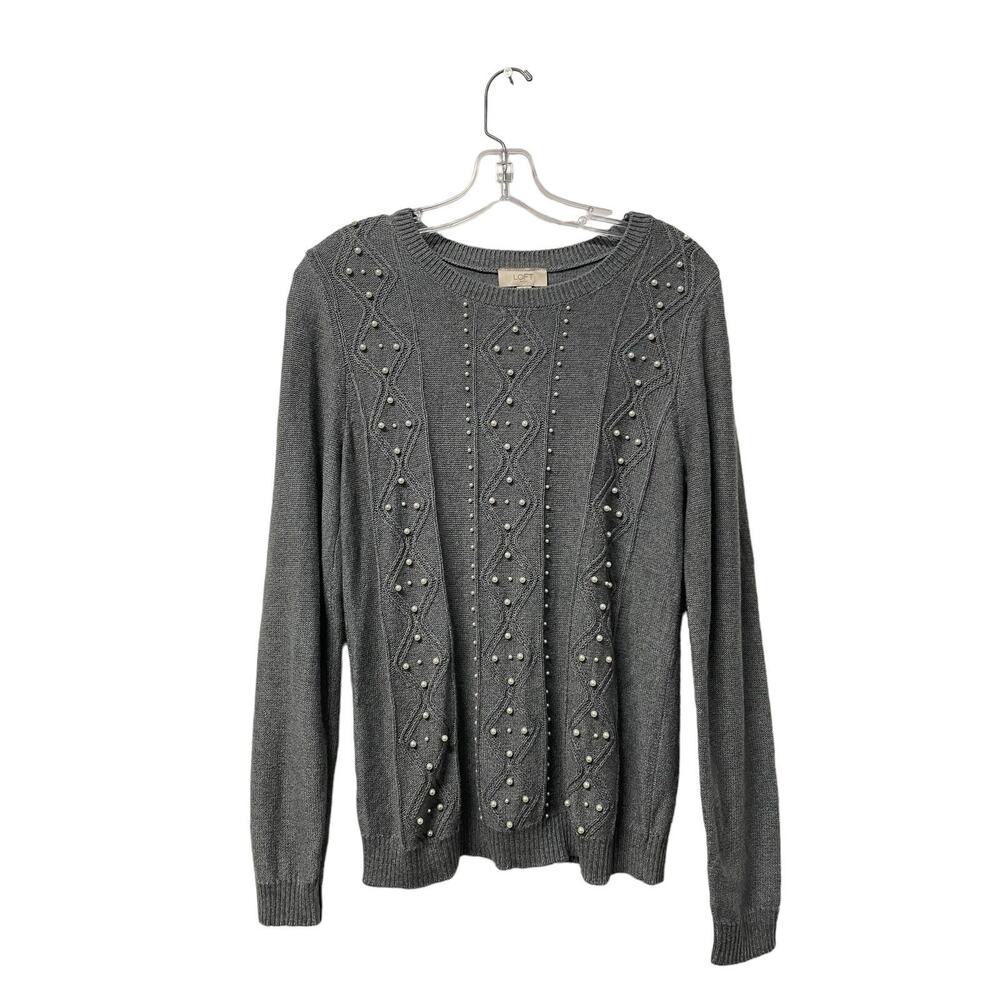 NWT Loft Grey Pearl Detail Crew Neck Sweater Womens Bling Luxury Size Medium